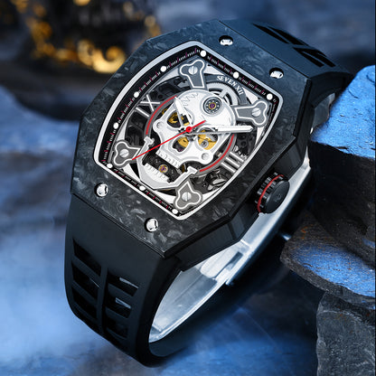 SEVEN XII Mens Watch Skull Skeleton Dial 70 Hour Power Reserve Carbon Fiber Sapphire Luminous S001