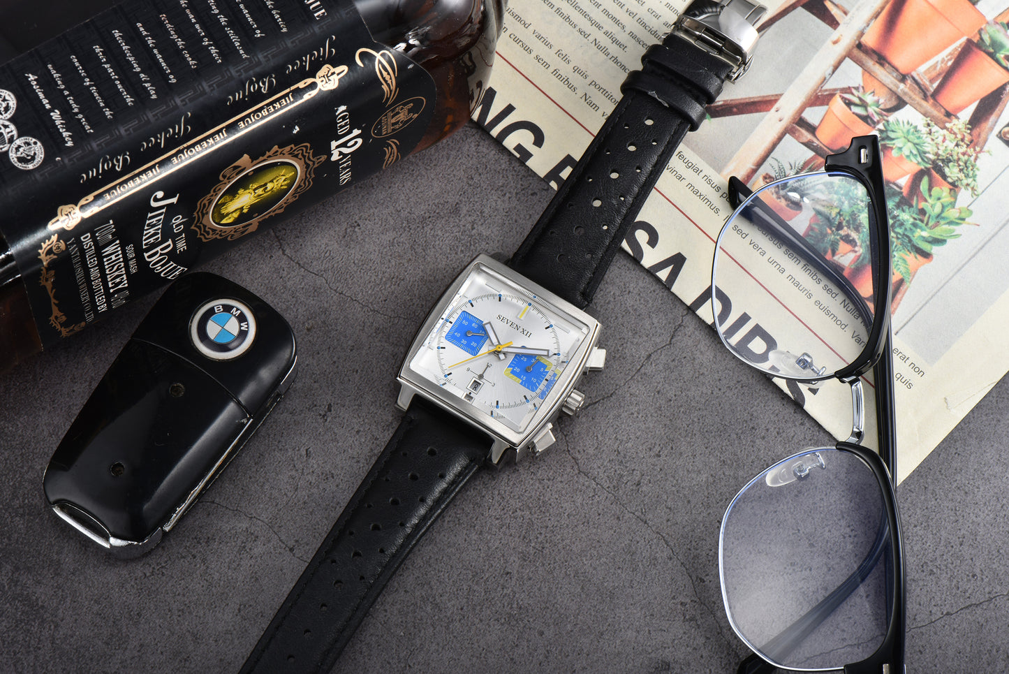 SEVEN Square Chronograph Watch for Men Sapphire Crystal Waterproof Automatic Wristwatch