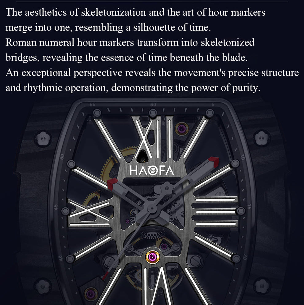 Haofa 1976 Carbon Fiber Bezel Skeleton Movement Watches for Men Luminous Automatic Mechanical Wristwatch