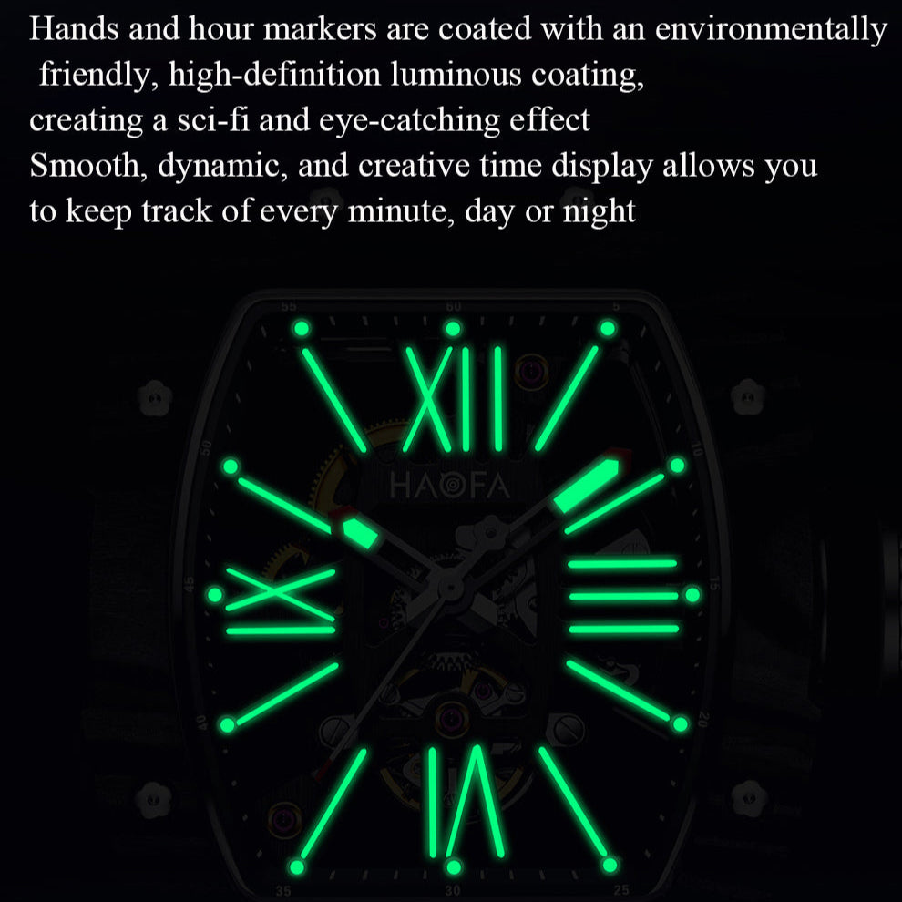 Haofa 1976 Carbon Fiber Bezel Skeleton Movement Watches for Men Luminous Automatic Mechanical Wristwatch