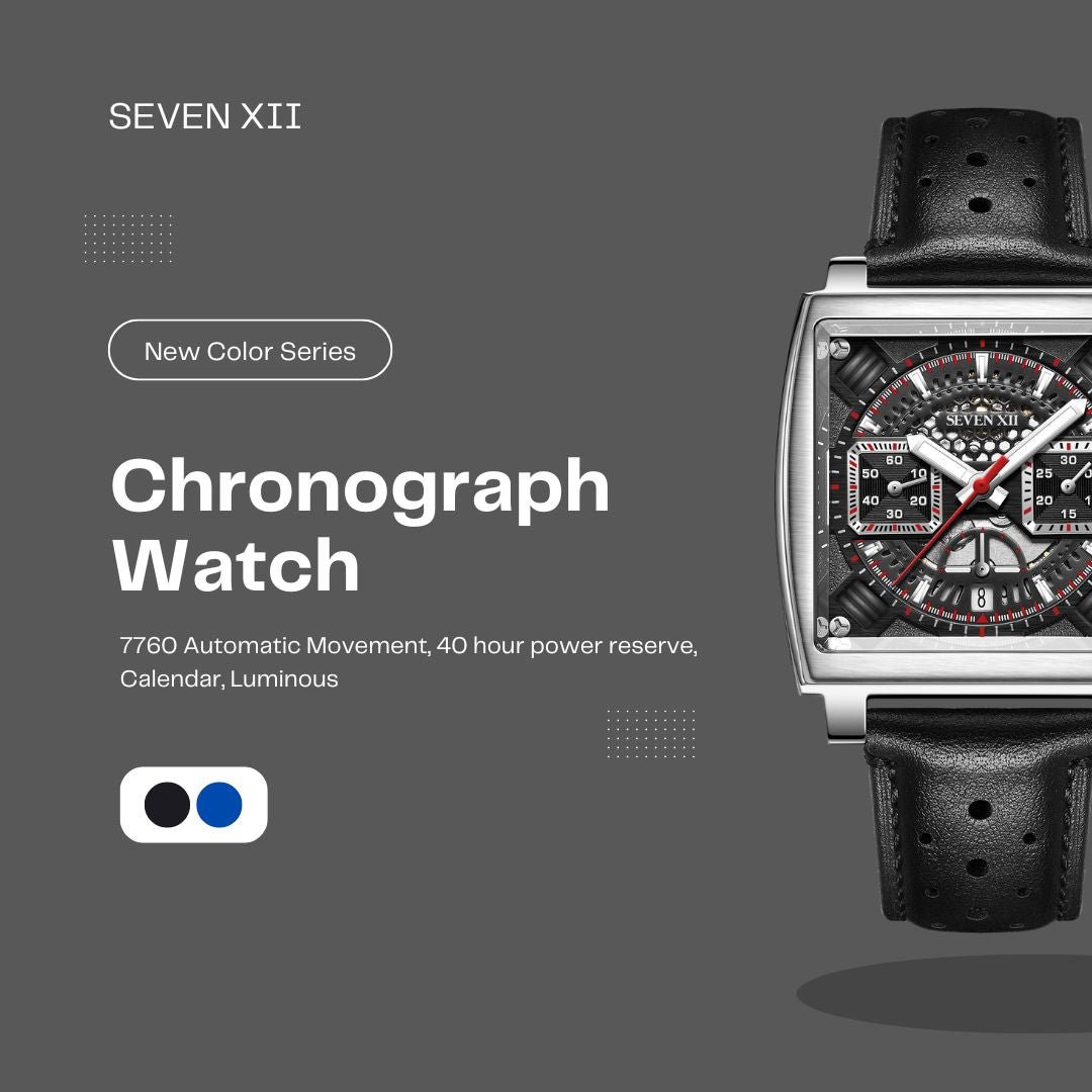 SEVEN Square Chronograph Watch for Men Sapphire Crystal Waterproof Automatic Wristwatch