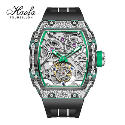 HAOFA Diamond Carbon Fiber Bezel Tourbillon Watch Twin-Spring Automatic Movement Watch 1901-3