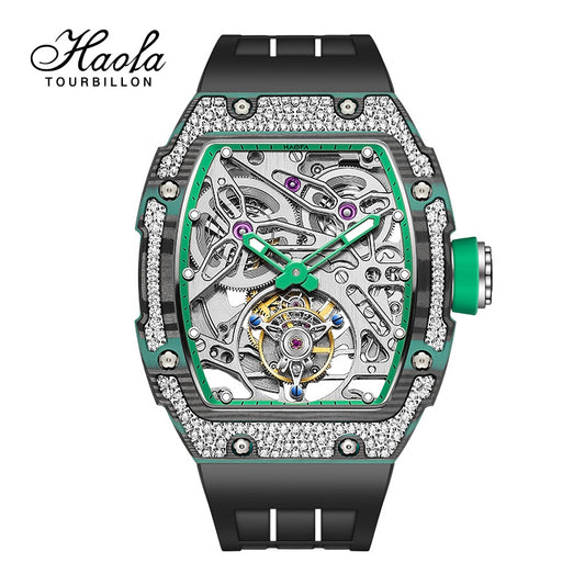 HAOFA Diamond Carbon Fiber Bezel Tourbillon Watch Twin-Spring Automatic Movement Watch 1901-3