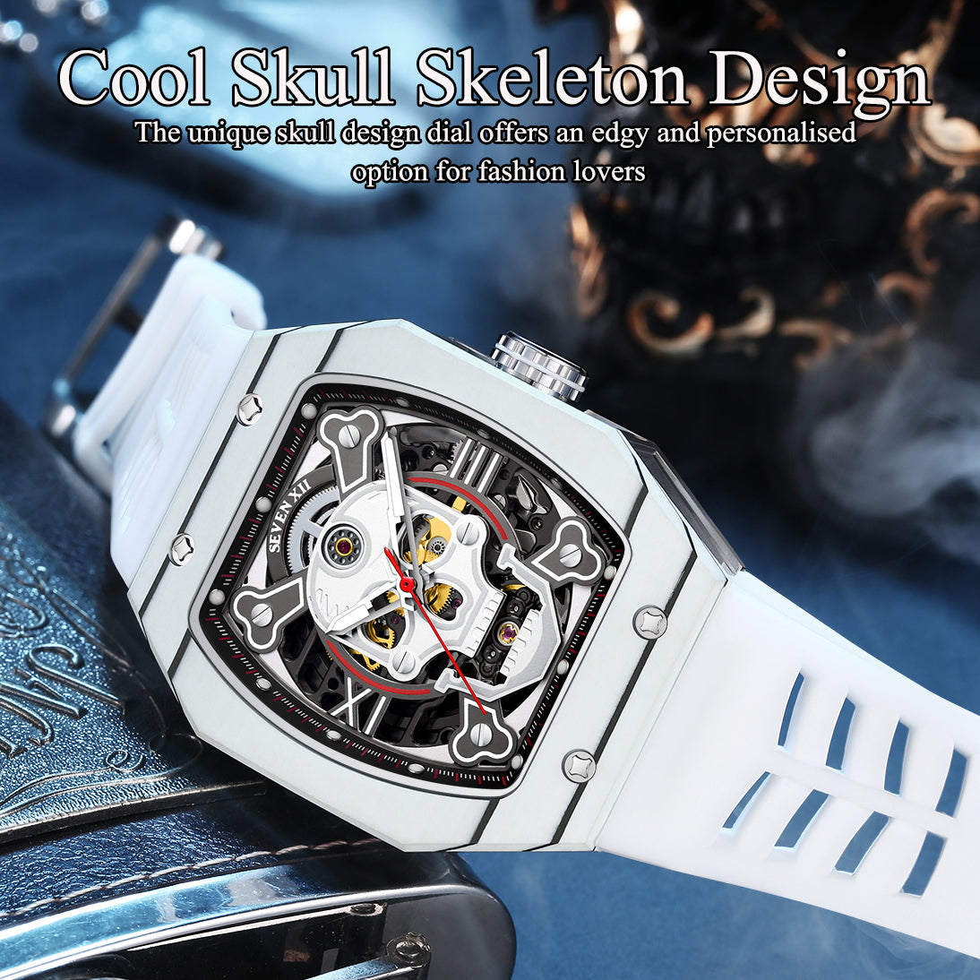 SEVEN XII Mens Watch Skull Skeleton Dial 70 Hour Power Reserve Carbon Fiber Sapphire Luminous S001