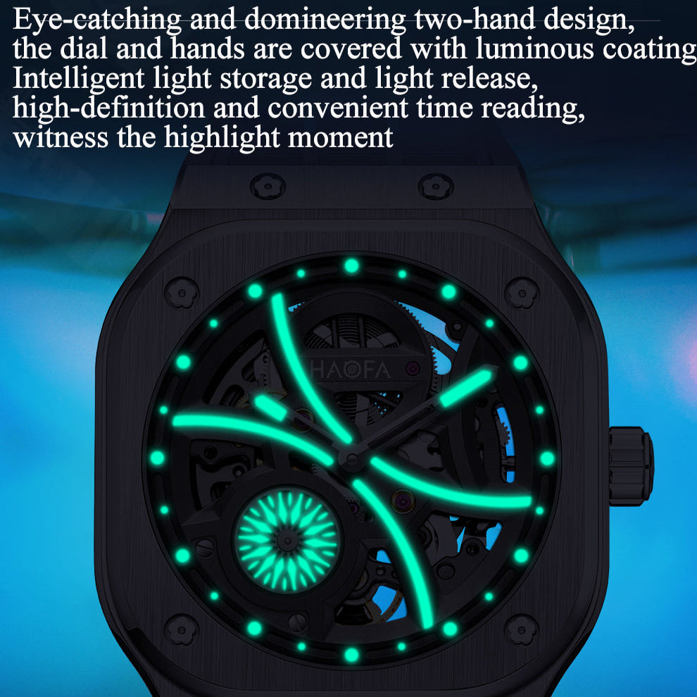 Haofa Square Automatic Mechanical Watches for Men Skeleton Luminous Sapphire 1962