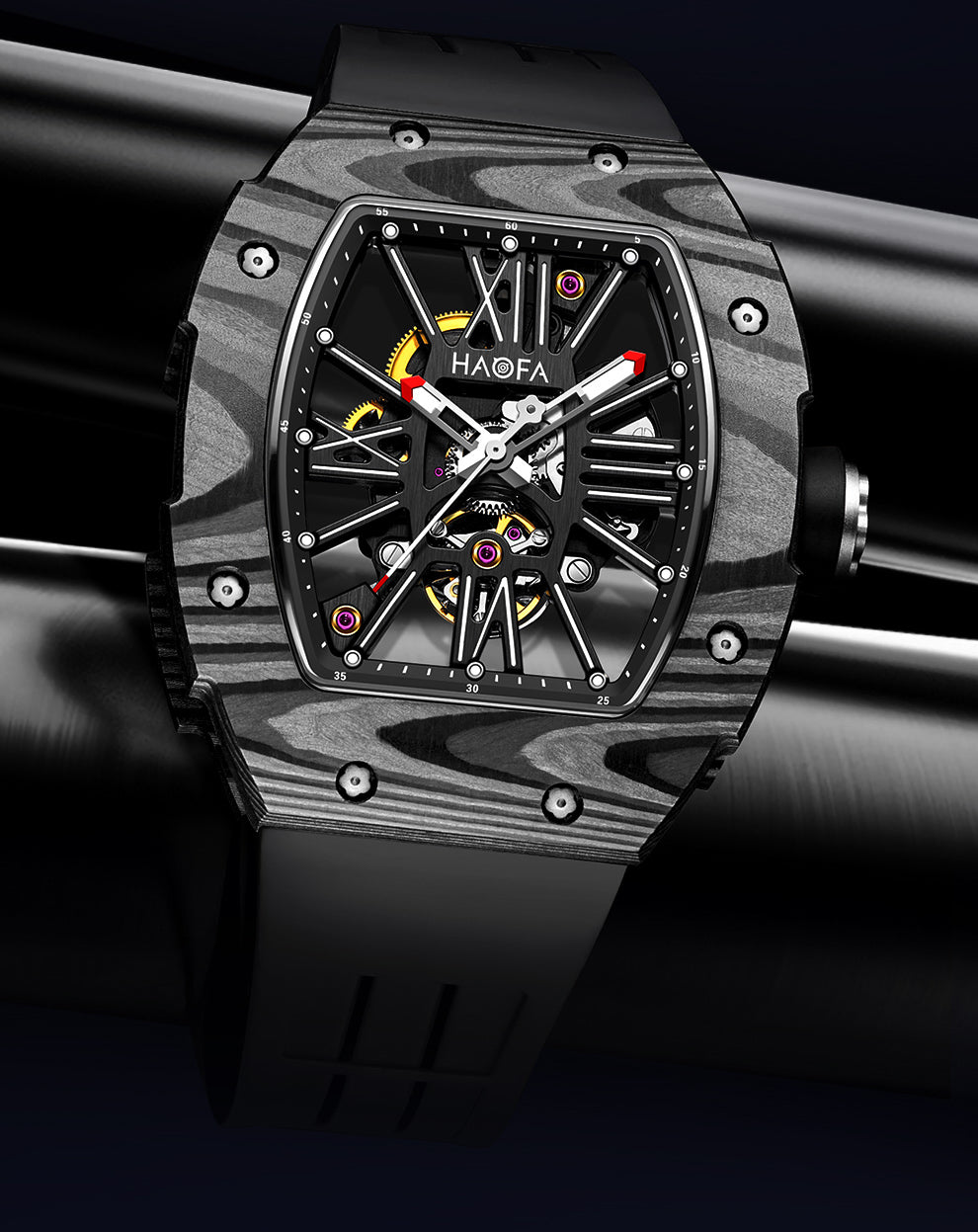 Haofa 1976 Carbon Fiber Bezel Skeleton Movement Watches for Men Luminous Automatic Mechanical Wristwatch