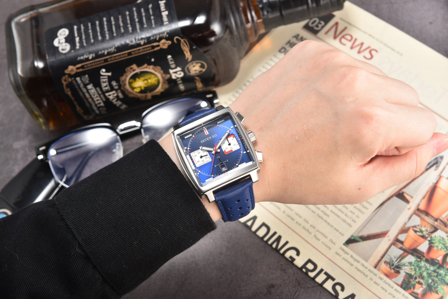 SEVEN Square Chronograph Watch for Men Sapphire Crystal Waterproof Automatic Wristwatch