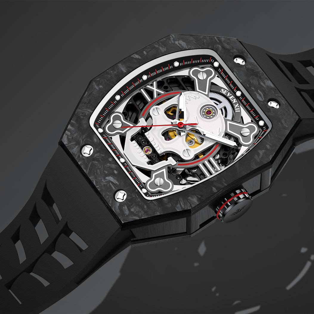 SEVEN XII Mens Watch Skull Skeleton Dial 70 Hour Power Reserve Carbon Fiber Sapphire Luminous S001