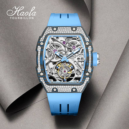 HAOFA Diamond Carbon Fiber Bezel Tourbillon Watch Twin-Spring Automatic Movement Watch 1901-3