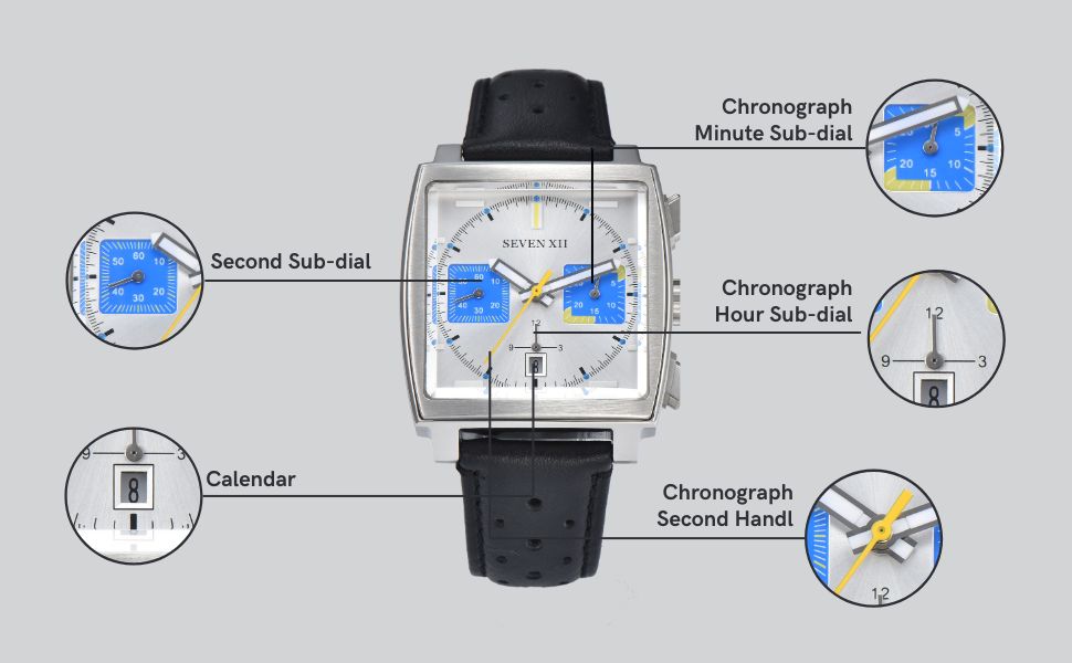 SEVEN Square Chronograph Watch for Men Sapphire Crystal Waterproof Automatic Wristwatch