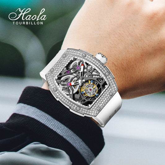 HAOFA 1901-1S Diamond Bezel Tourbillon Watch Double Spring 72-Hour Power Skeleton Automatic Watch