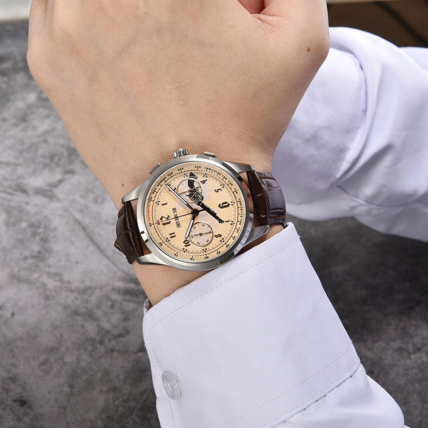 SEVEN XII Retro Chronograph ST1901 Movement Hand Winding Men Wristwatch Sapphire Crystal Waterproof S002