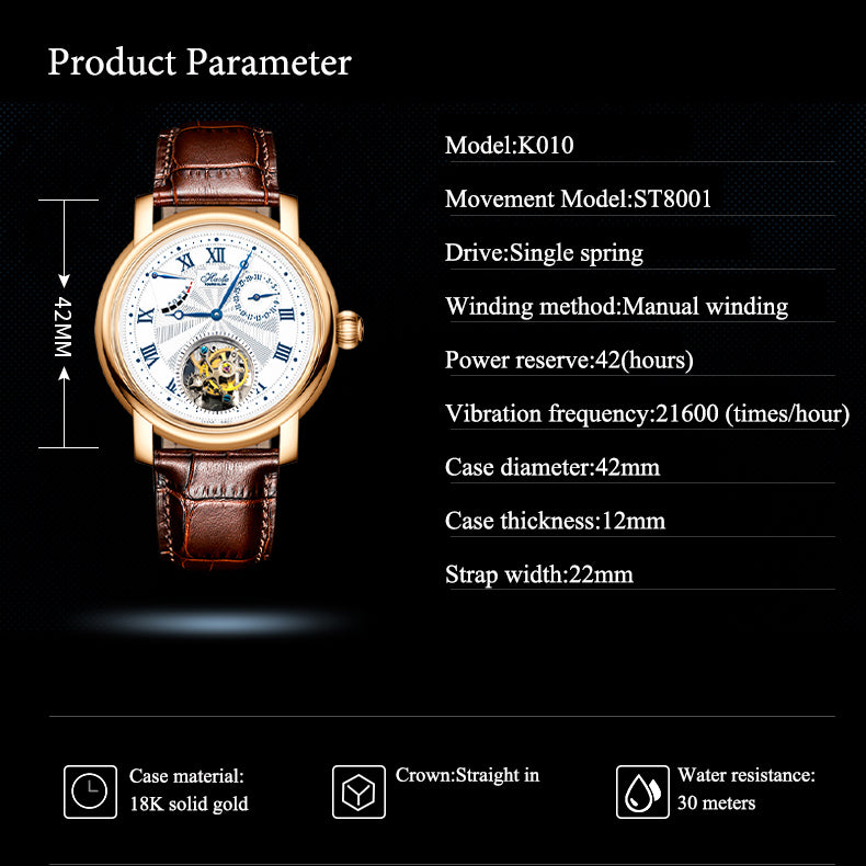 Haofa K010 18K Sunburst Roman Dial Calendar Power Reserve Display Tourbillon Watch
