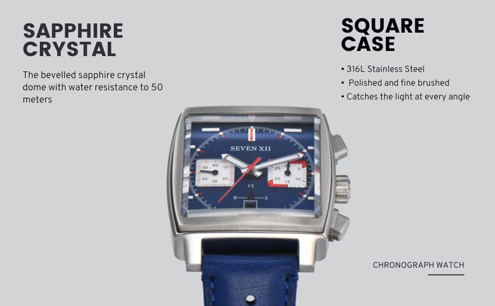 SEVEN Square Chronograph Watch for Men Sapphire Crystal Waterproof Automatic Wristwatch