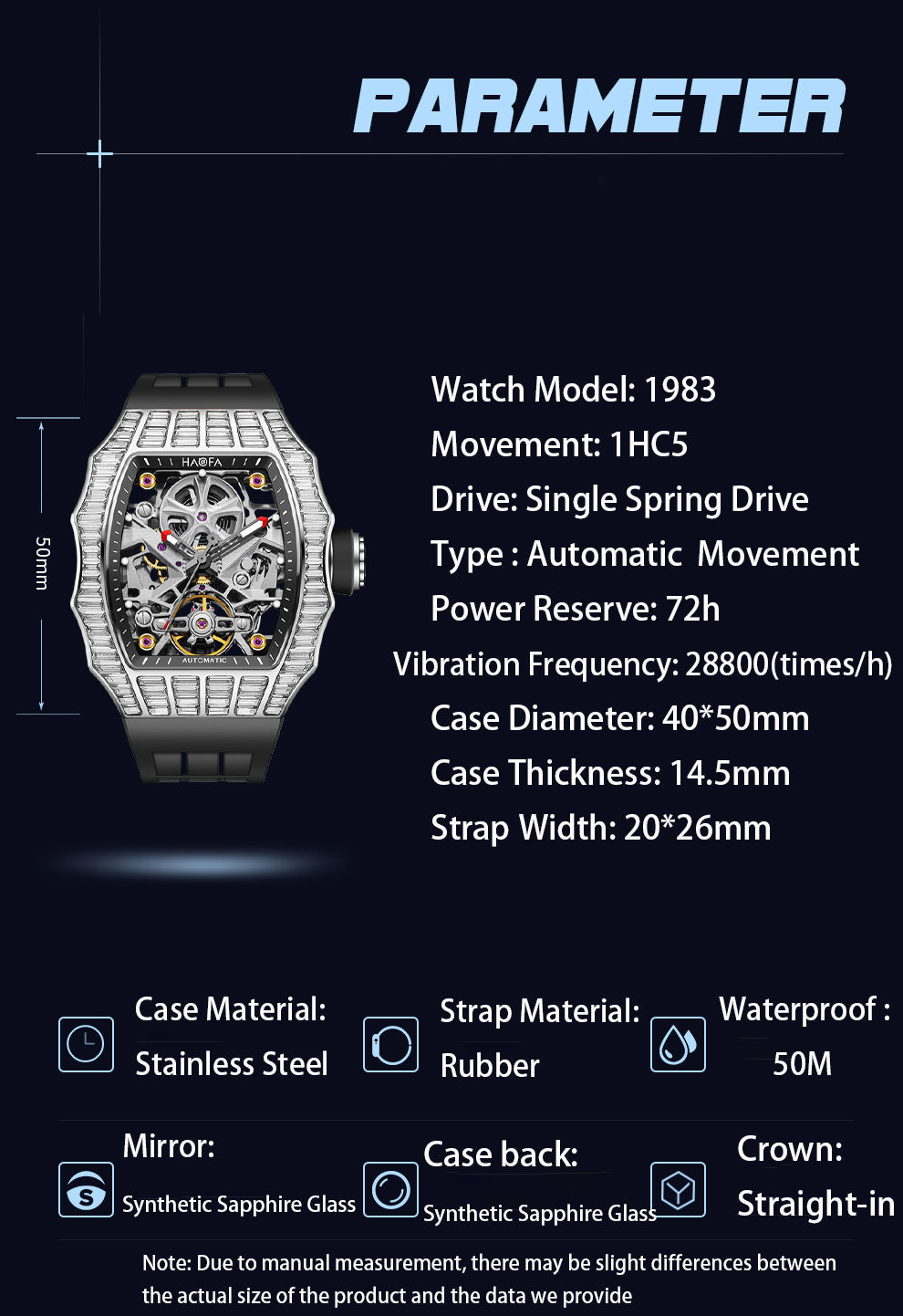 HAOFA Trapezoidal Black White Crystal Automatic Watch 1983