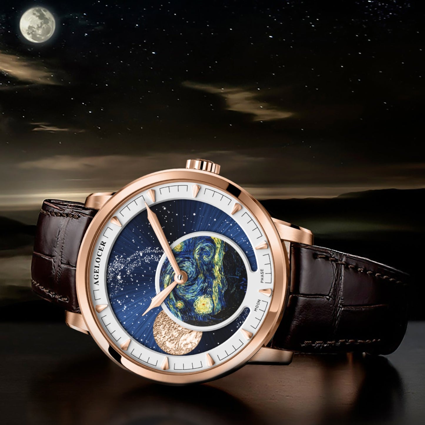 AGELOCER Luxury Automatic Watch for Men Starry Moon Phase Dial Sapphire Mechanical Wristwatch