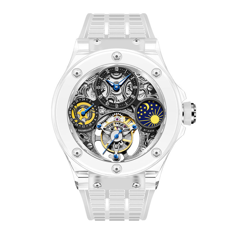 Haofa K9 Crystal Case Skeleton Tourbillon GMT Watch 2231