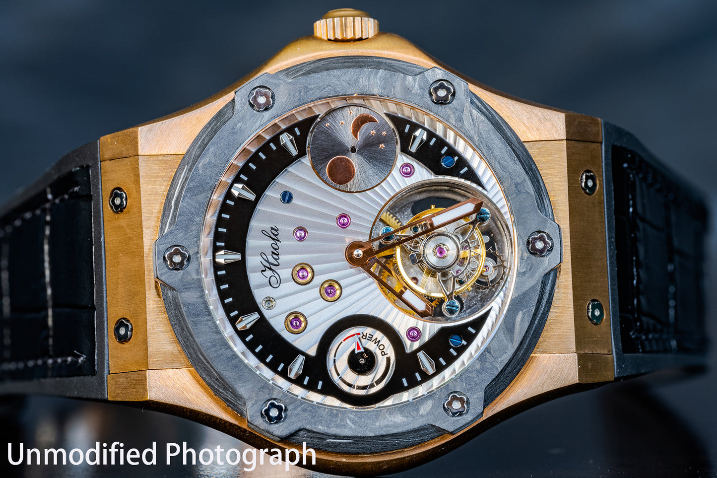 Haofa Tin Bronze Case Carbon Fiber Bezel Luxury GMT Tourbillon Power Reserve Display 1915T