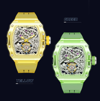 HAOFA K9 Color CRYSTAL CASE SKELETON Automatic TOURBILLON Double Barrel WATCH 2201-1