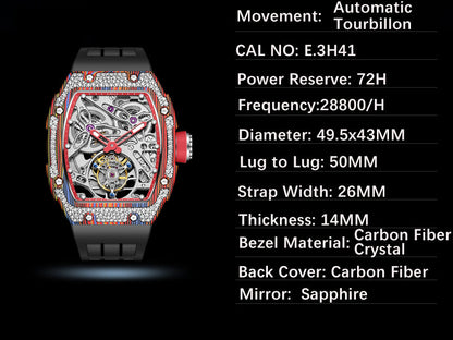 HAOFA Diamond Carbon Fiber Bezel Tourbillon Watch Twin-Spring Automatic Movement Watch 1901-3