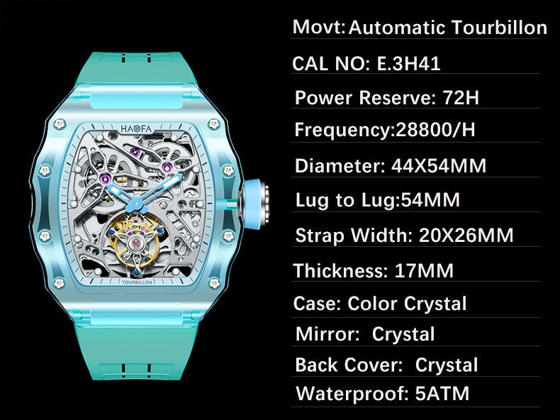 HAOFA K9 Color CRYSTAL CASE SKELETON Automatic TOURBILLON Double Barrel WATCH 2201-1