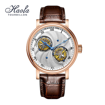 Hoafa Luxury Double Tourbillon And One Carrousel Flywheel Tourbillon Mechanical Watch For Men Sapphire 18K Real Gold  Mens Watch Limited Edition