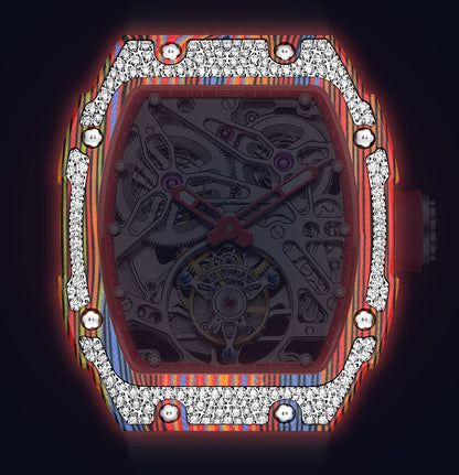 HAOFA Diamond Carbon Fiber Bezel Tourbillon Watch Twin-Spring Automatic Movement Watch 1901-3
