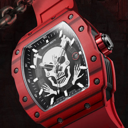 BONEST GATTI Carbon Fiber Titanium Alloy Automatic Skeleton Movement Barrel Shaped Case Luminous Skull GB9908