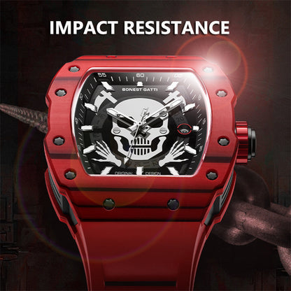 BONEST GATTI Carbon Fiber Titanium Alloy Automatic Skeleton Movement Barrel Shaped Case Luminous Skull GB9908