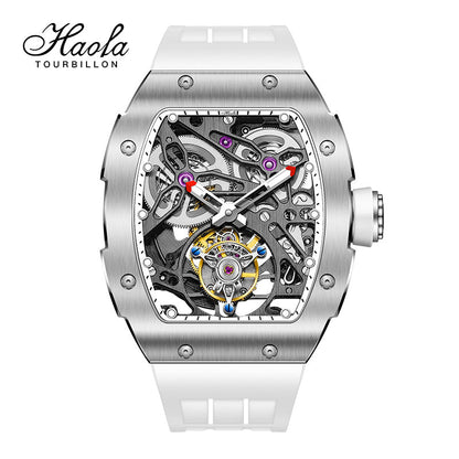 Haofa 1908 Automatic Tourbillon Double Spring 72 Hours Power Free Sprung Balance Wheel Wathces Rubber Strap Sapphire Mirror