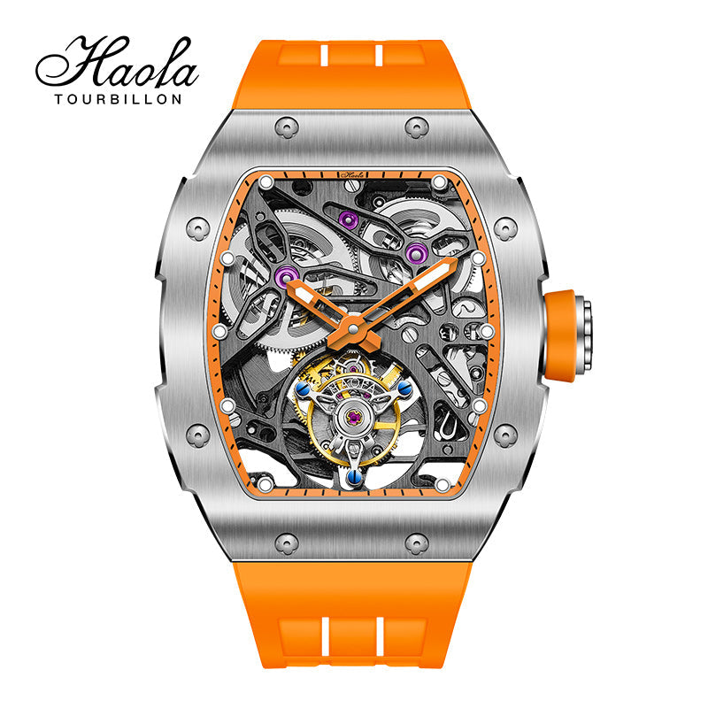 Haofa 1908 Automatic Tourbillon Double Spring 72 Hours Power Free Sprung Balance Wheel Wathces Rubber Strap Sapphire Mirror