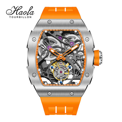 Haofa 1908 Automatic Tourbillon Double Spring 72 Hours Power Free Sprung Balance Wheel Wathces Rubber Strap Sapphire Mirror