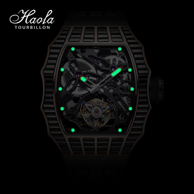 HAOFA TRAPEZOIDAL BLACK WHITE CRYSTAL AUTOMATIC TOURBILLON WATCH 2310