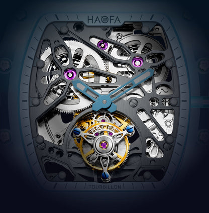 HAOFA K9 Color CRYSTAL CASE SKELETON Automatic TOURBILLON Double Barrel WATCH 2201-1