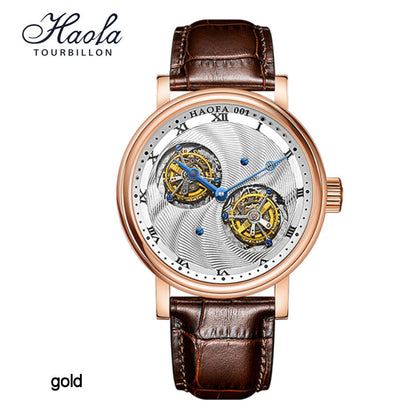 Hoafa Luxury Double Tourbillon And One Carrousel Flywheel Tourbillon Mechanical Watch For Men Sapphire 18K Real Gold  Mens Watch Limited Edition