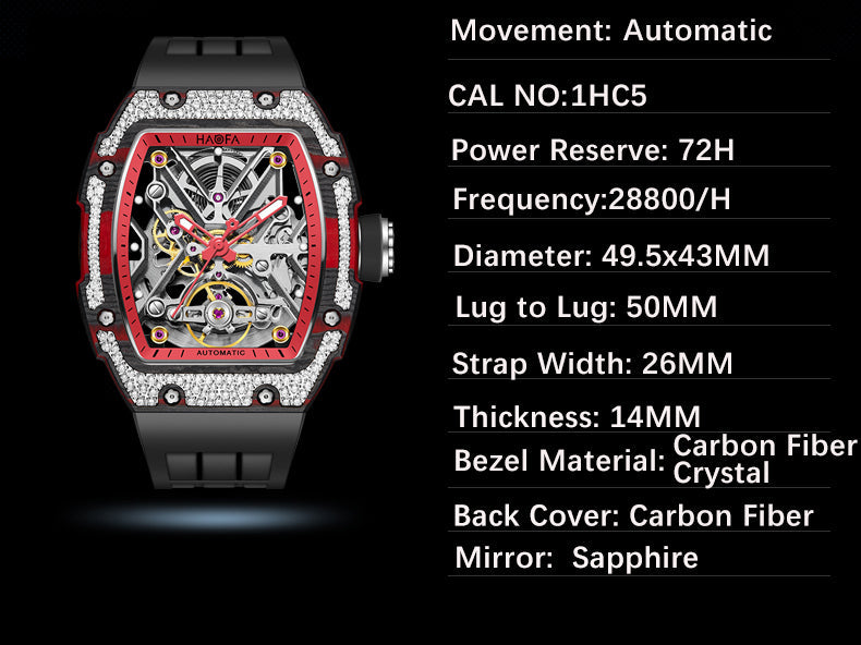 HAOFA Carbon Fiber and Crystal Bezel Automatic Movement 1989