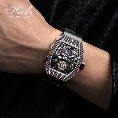 HAOFA TRAPEZOIDAL BLACK WHITE CRYSTAL AUTOMATIC TOURBILLON WATCH 2310