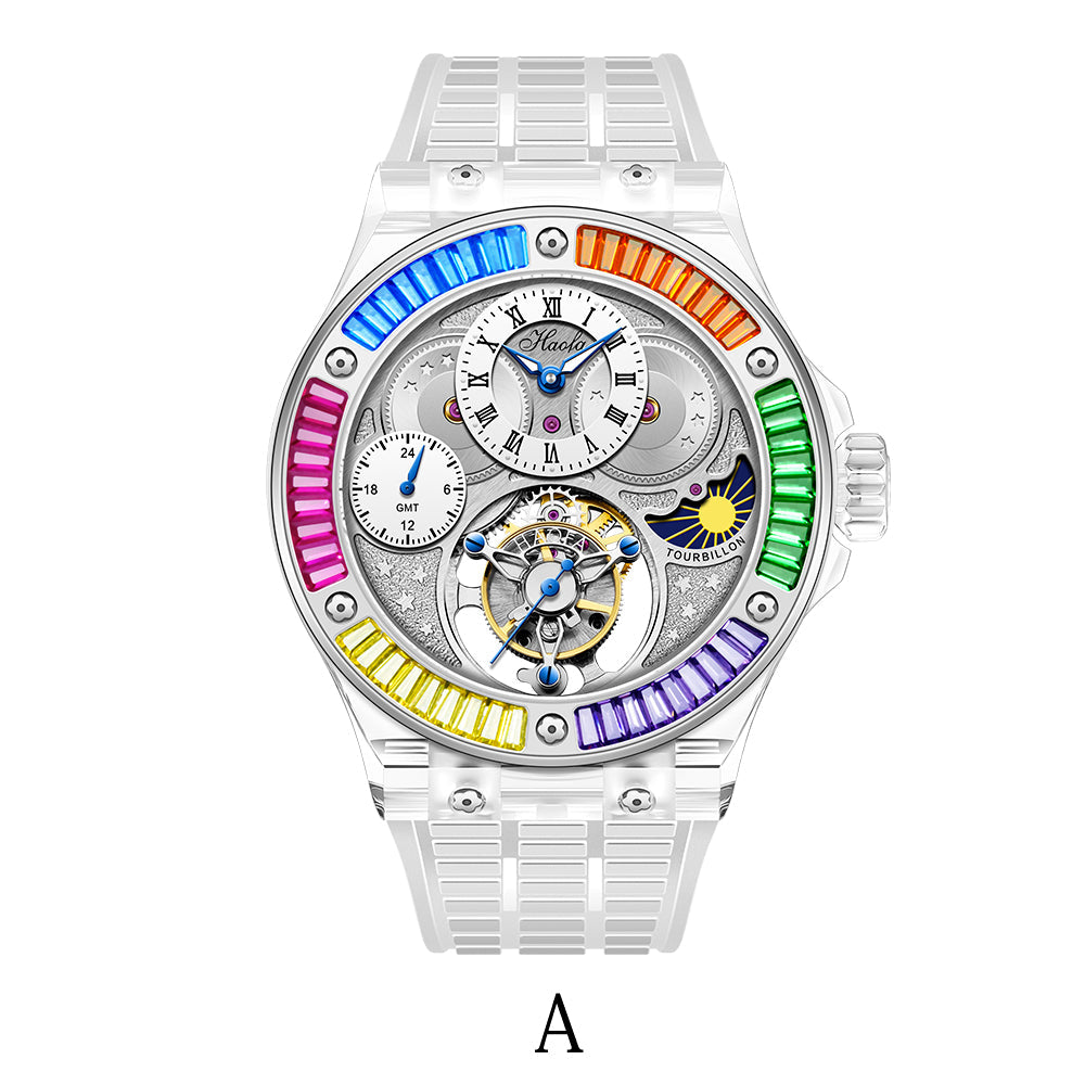 Haofa Crystal Case Skeleton Tourbillon GMT Watch 2101