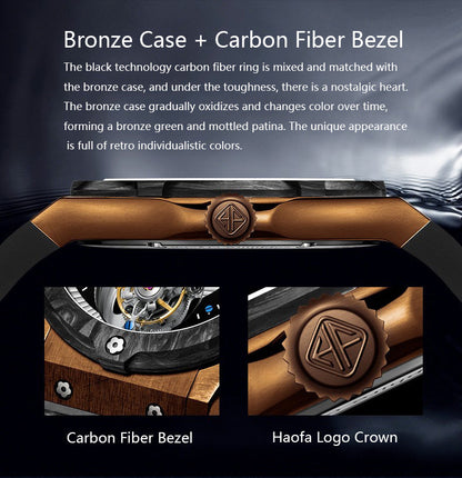 Haofa Tin Bronze Case Carbon Fiber Bezel Luxury GMT Tourbillon Power Reserve Display 1915T