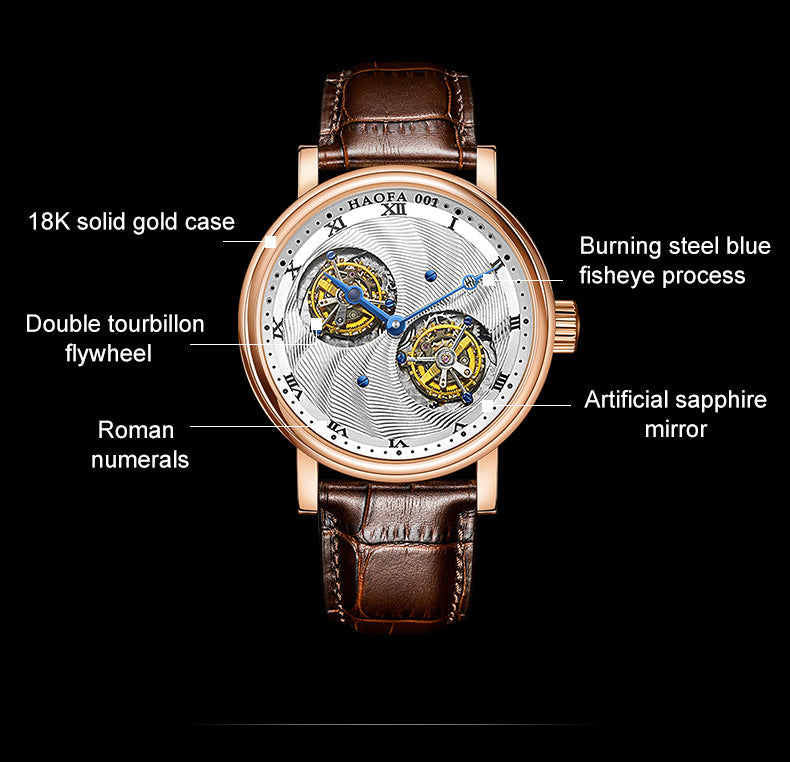 Hoafa Luxury Double Tourbillon And One Carrousel Flywheel Tourbillon Mechanical Watch For Men Sapphire 18K Real Gold  Mens Watch Limited Edition