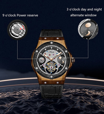 Haofa Tin Bronze Case Carbon Fiber Bezel Luxury GMT Tourbillon Power Reserve Display 1915T