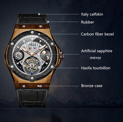 Haofa Tin Bronze Case Carbon Fiber Bezel Luxury GMT Tourbillon Power Reserve Display 1915T