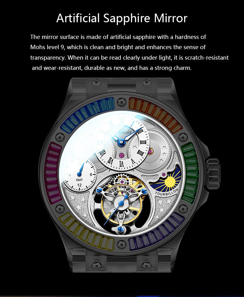 Haofa Crystal Case Skeleton Tourbillon GMT Watch 2101