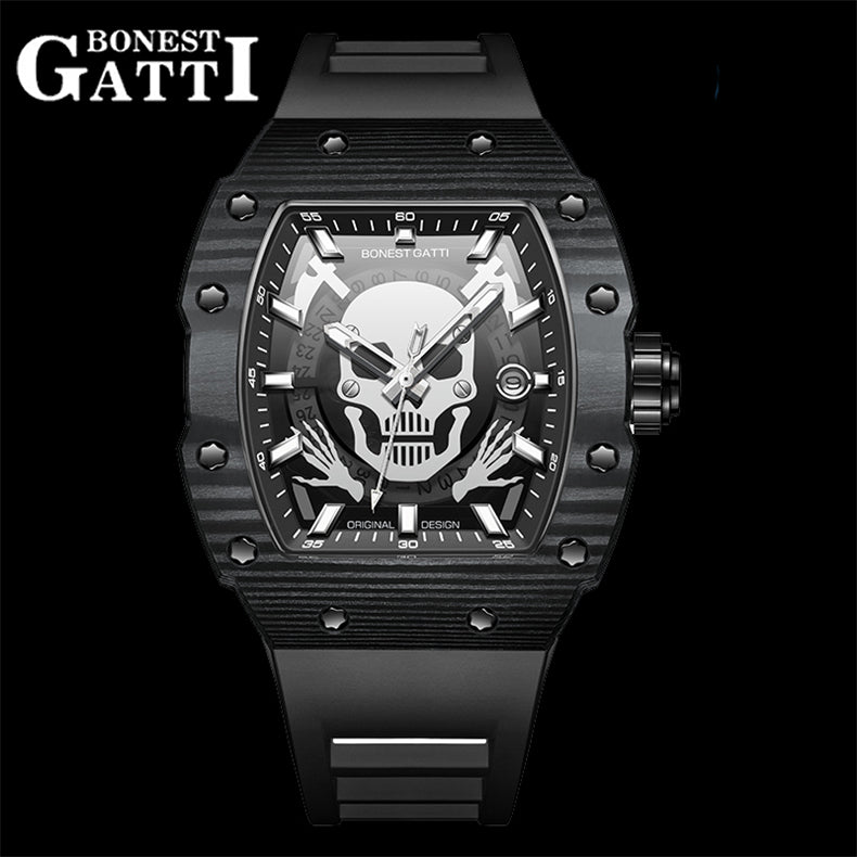 BONEST GATTI Carbon Fiber Titanium Alloy Automatic Skeleton Movement Barrel Shaped Case Luminous Skull GB9908