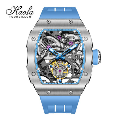 Haofa 1908 Automatic Tourbillon Double Spring 72 Hours Power Free Sprung Balance Wheel Wathces Rubber Strap Sapphire Mirror