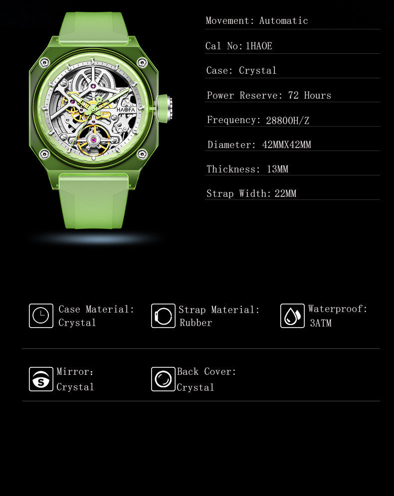 HAOFA Color Crystal Automatic Watch Power 72 Hours 2208