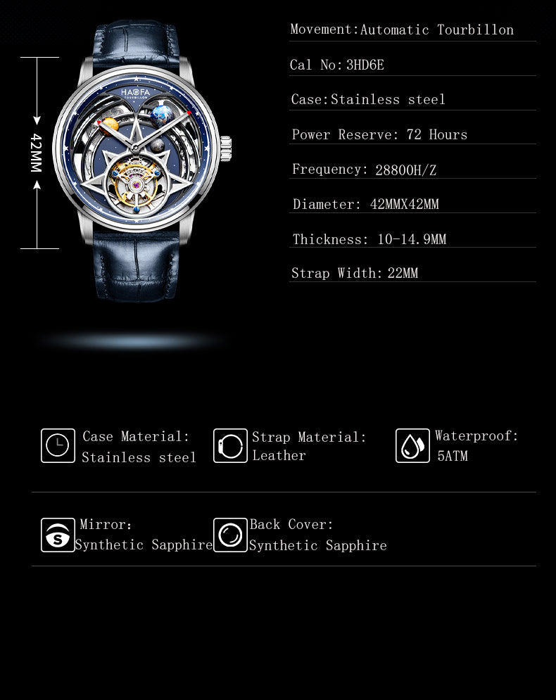 HAOFA 3D Galaxy Double Barrel Automatic Tourbillon (Gift Crystal Galaxy ball ) Model 2268